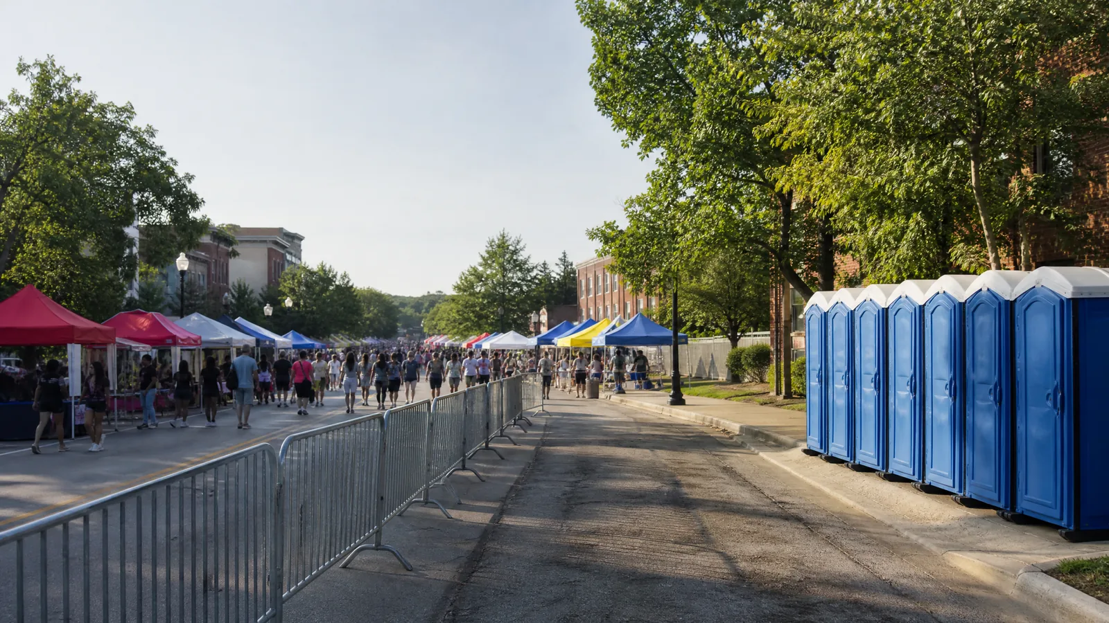 Portable restroom and handwashing station arranged beside a level approach with open maneuvering space